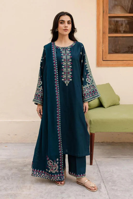 3pc unstitched dhanak dress with dhanak embroiered shawl