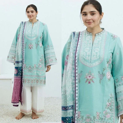 3pc unstitched dhanak dress with printed wool shawl