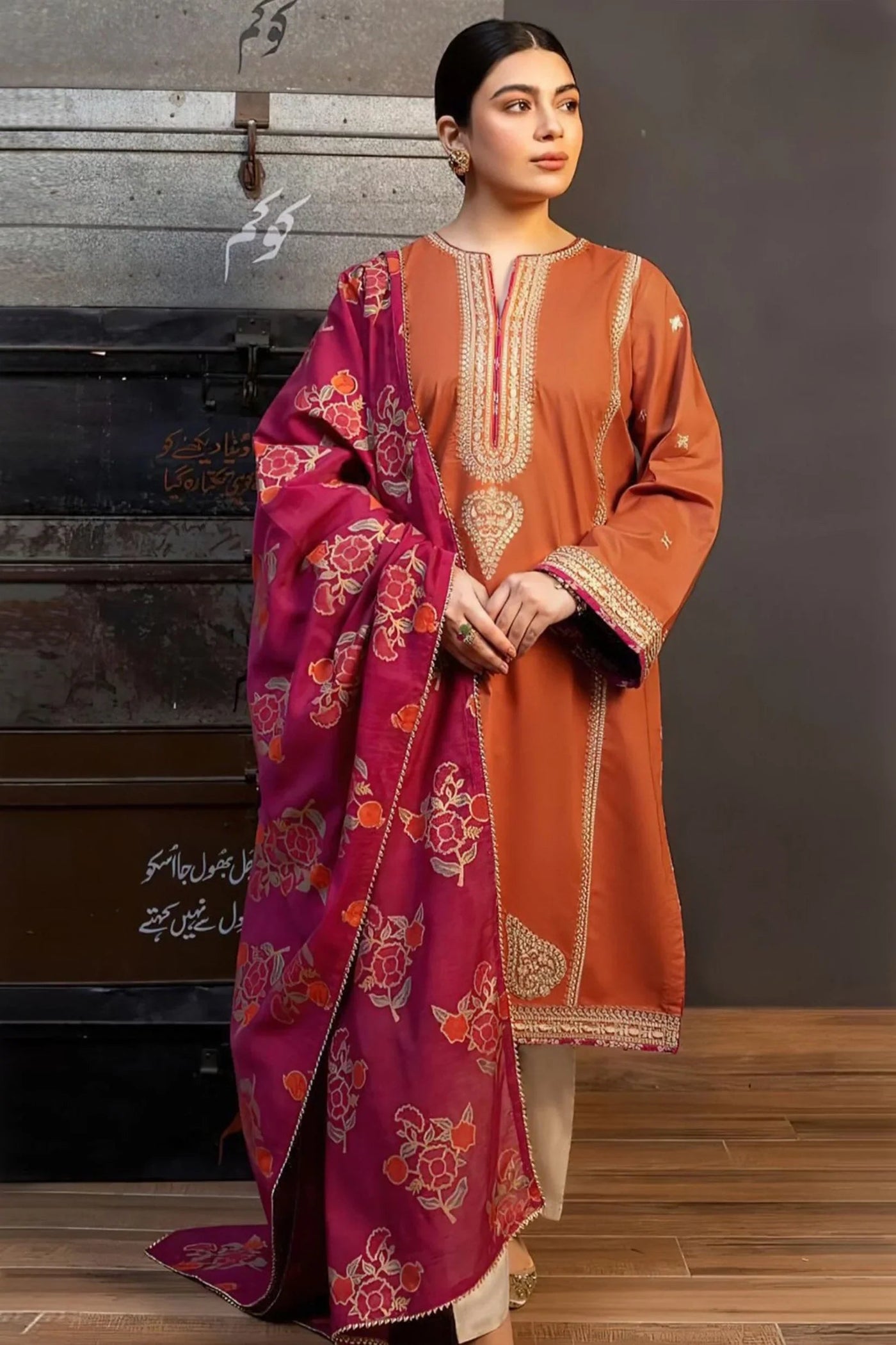 3pc unstitched dhanak dress with printed wool shawl