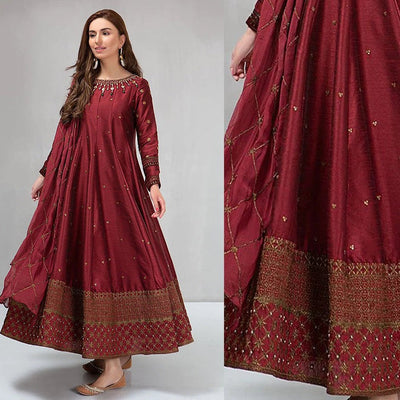 Maria B Winter Unstiched 3 piece shimoz silk frock style embroidered suit