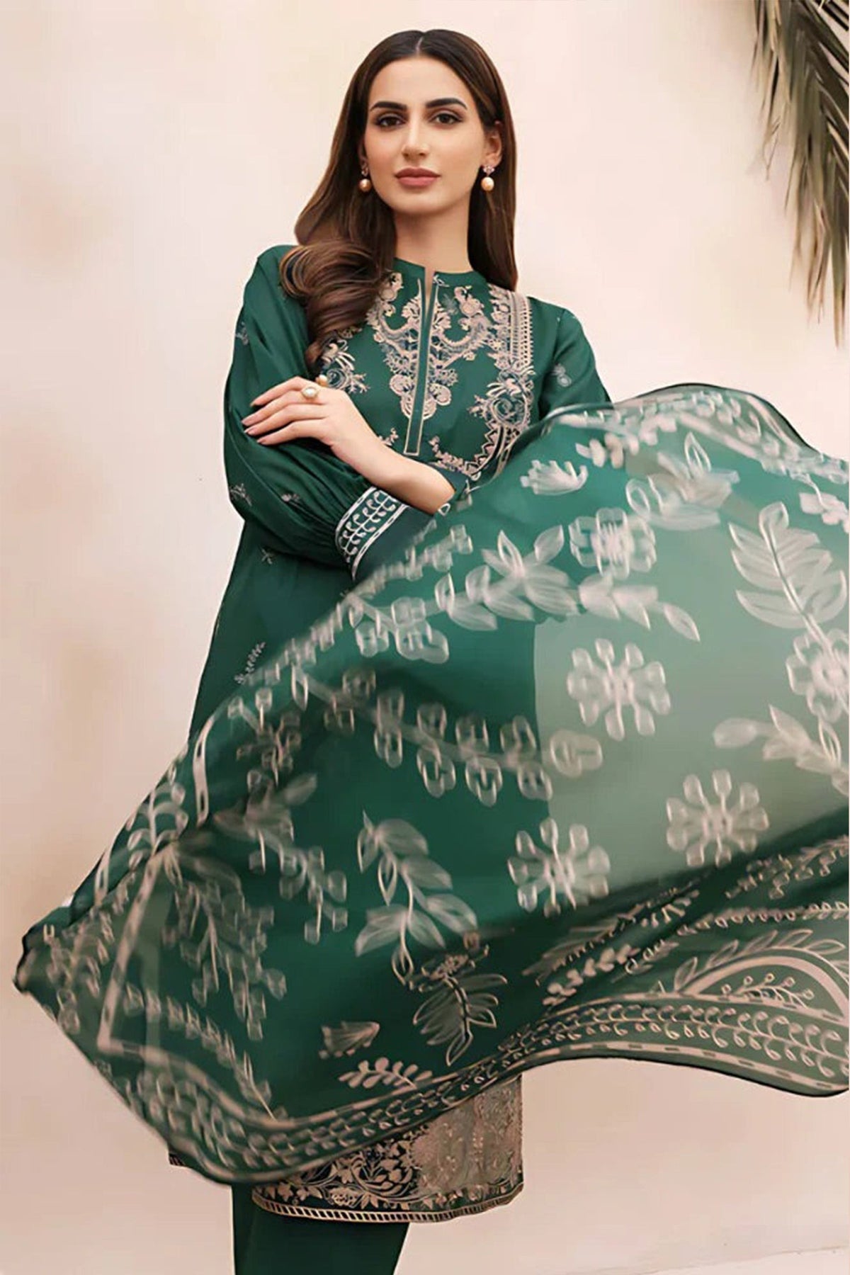 Winter 3 Piece Dhannak Embroidered dress with Printed Shawll