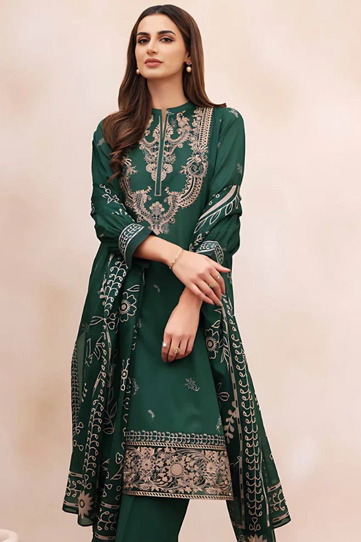 Winter 3 Piece Dhannak Embroidered dress with Printed Shawll