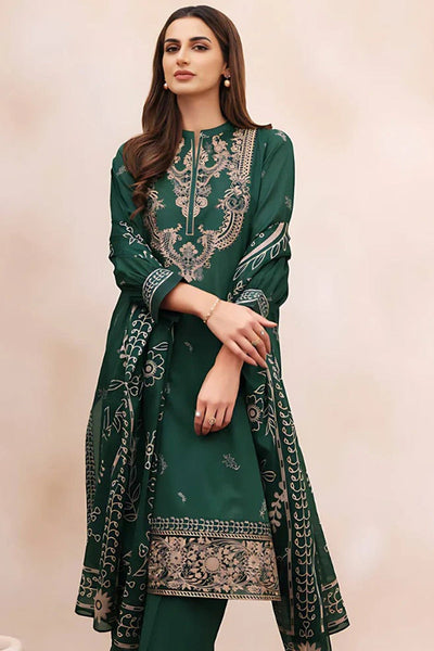Winter 3 Piece Dhannak Embroidered dress with Printed Shawll