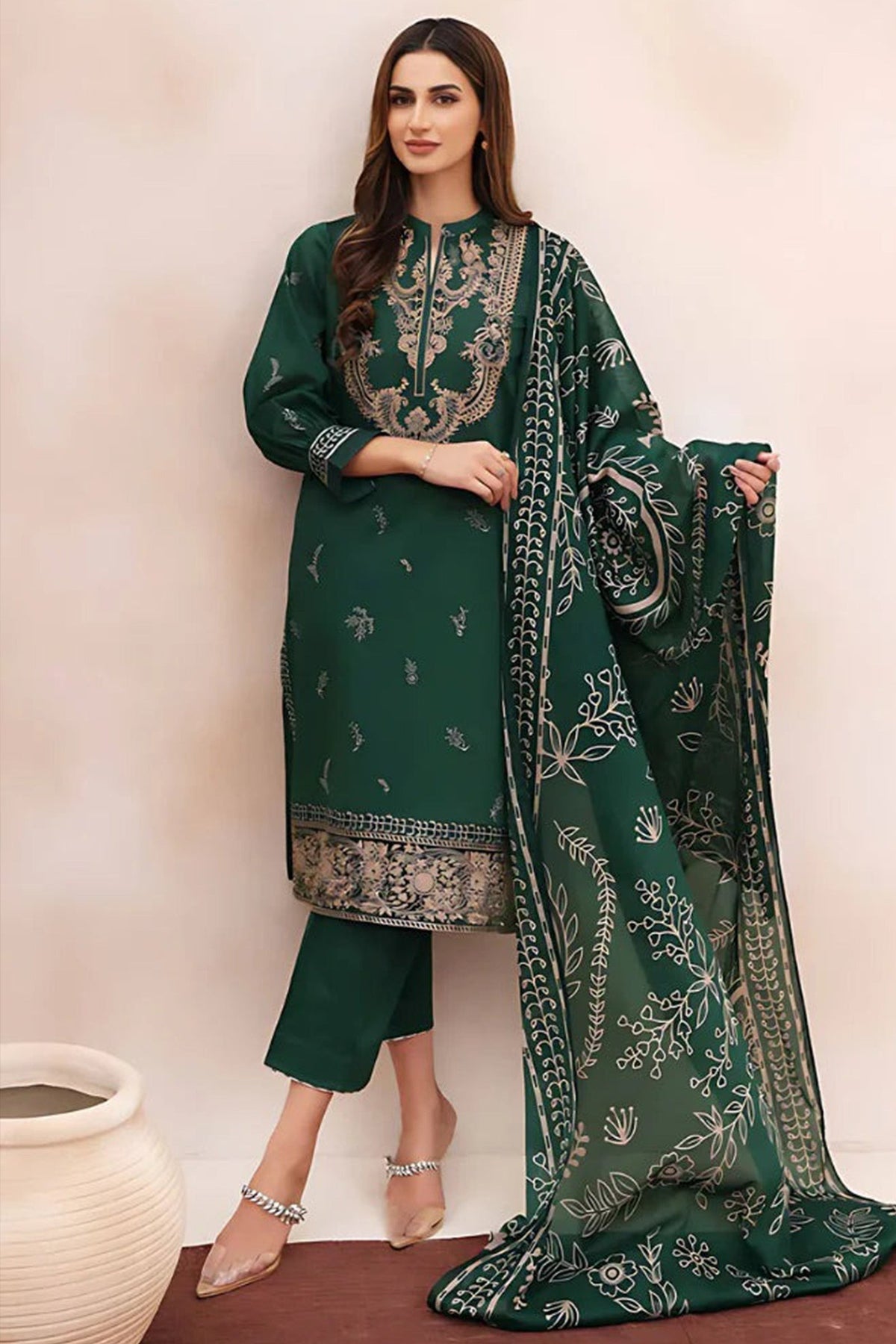 Winter 3 Piece Dhannak Embroidered dress with Printed Shawll