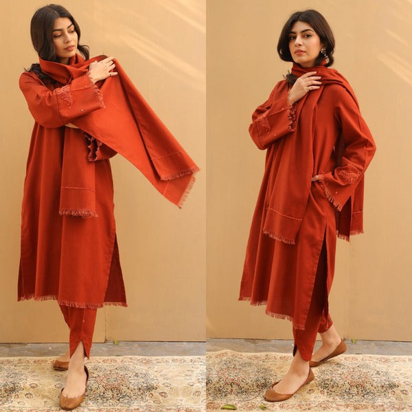 Winter Embroidered Dhanak Dress with Dhanak Embroidered Shawll 3 Piece